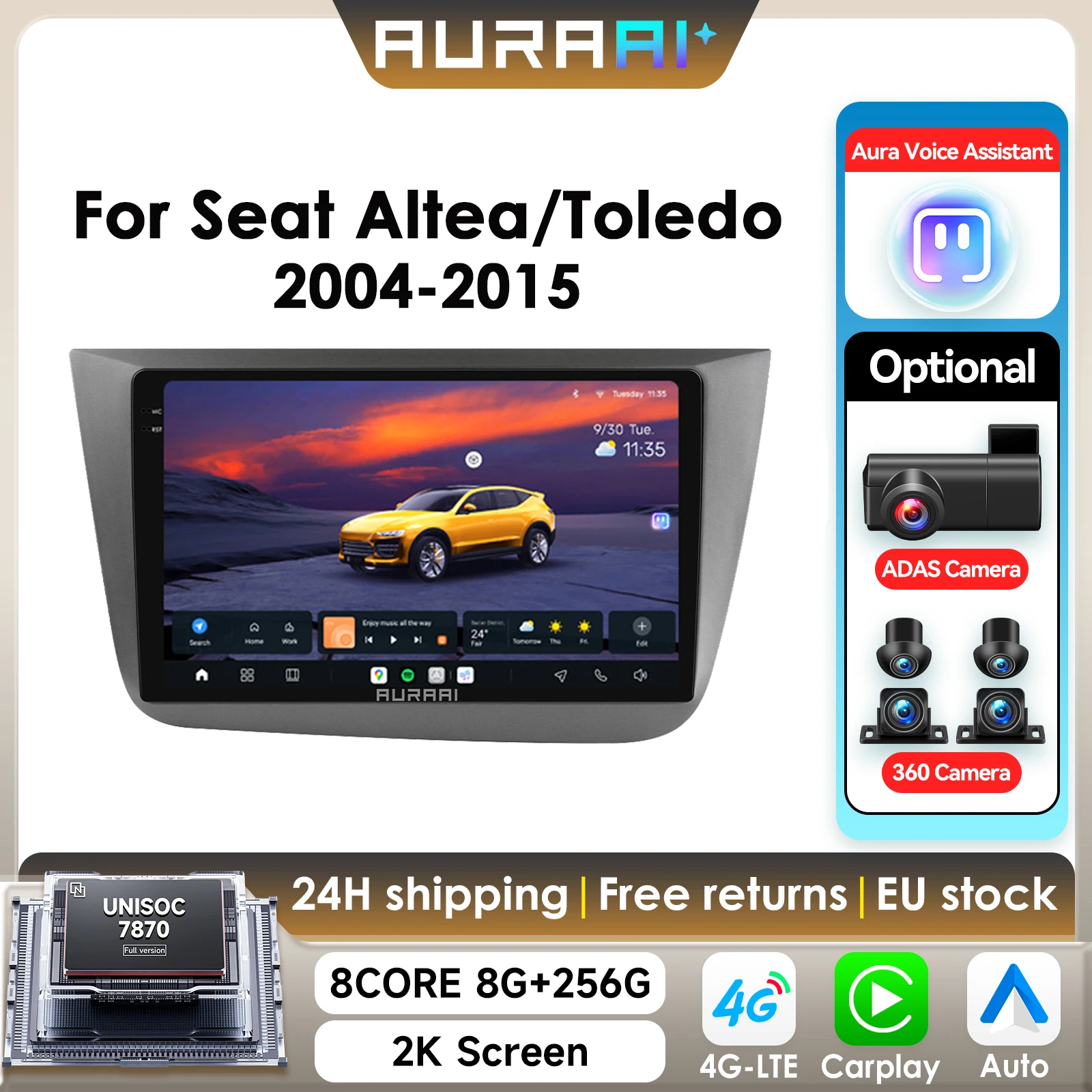 Écran 2K AURAAI 8G+256G pour Seat Altea 2004 - 2015 Toledo 2004 Autoradio CarPlay Android Auto 4G WIFI GPS BT DSD ADAS Double Micro
