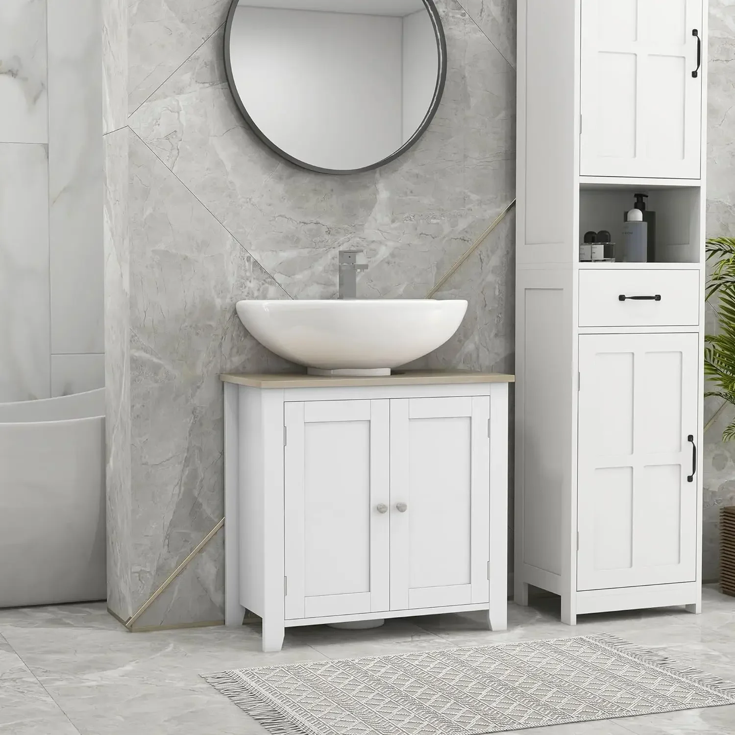 Mobiletto portaoggetti per lavabo con piedistallo, mobiletto sotto il lavandino, mobiletto da bagno con forma a U e ripiano interno regolabile