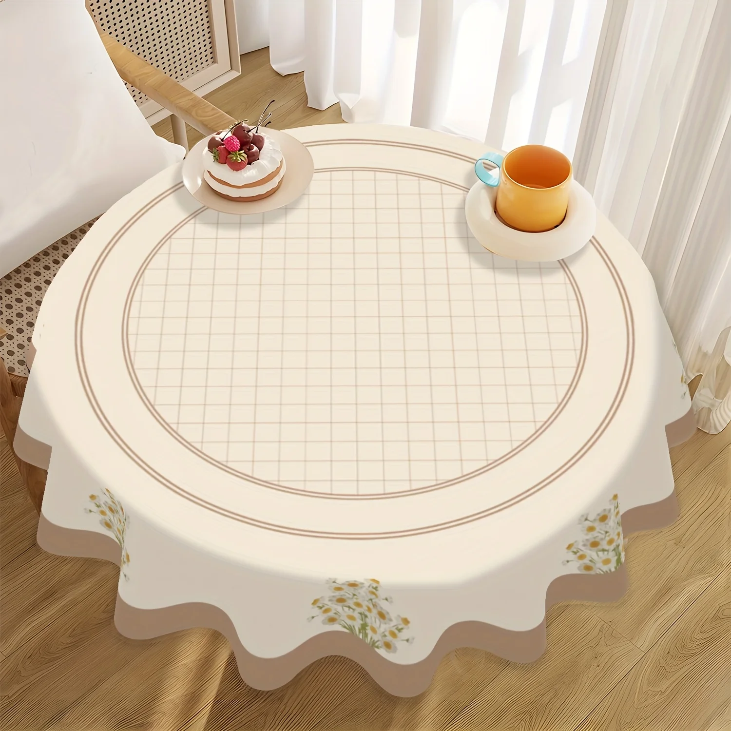 One elegant sunflower and checkered pattern round tablecloth, 62 inches long