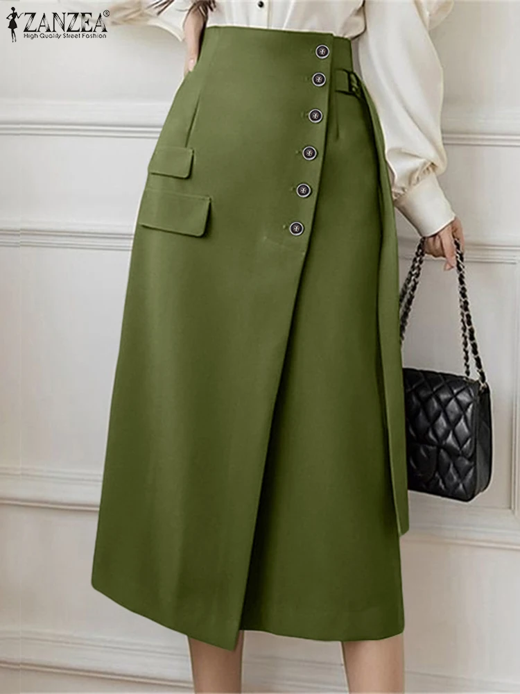 ZANZEA Women Autumn Long Jupes Faldas Saia Elegant Office Lady Skirts Bandage High Waist Midi Skirt Casual Loose Solid Bottoms