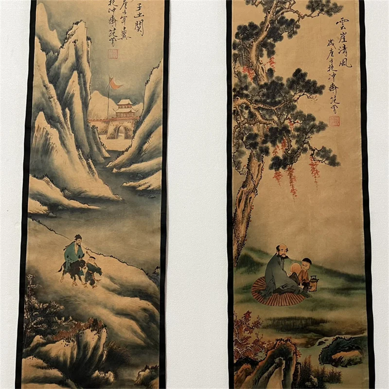 Chinese Ancient Calligraphy & Painting Scrolls Set 4-Pair Renowned Murals 'Fishing Music Picture' Traditional Art Decor