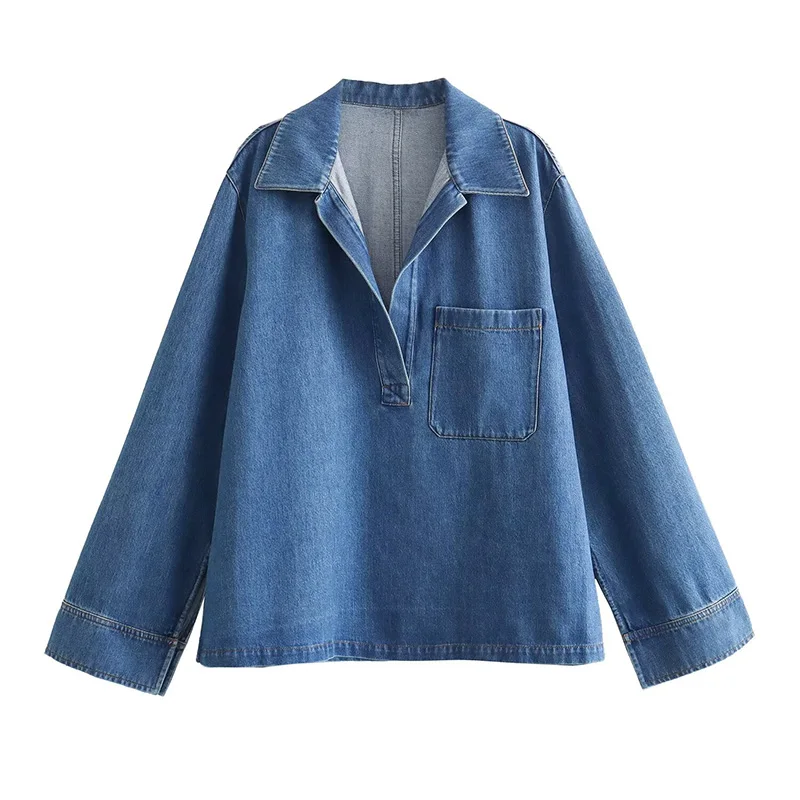 Willshela Women Fashion With Pocket Denim Solid Shirts Vintage Lapel Neck Long Sleeves Female Chic Lady Blouse