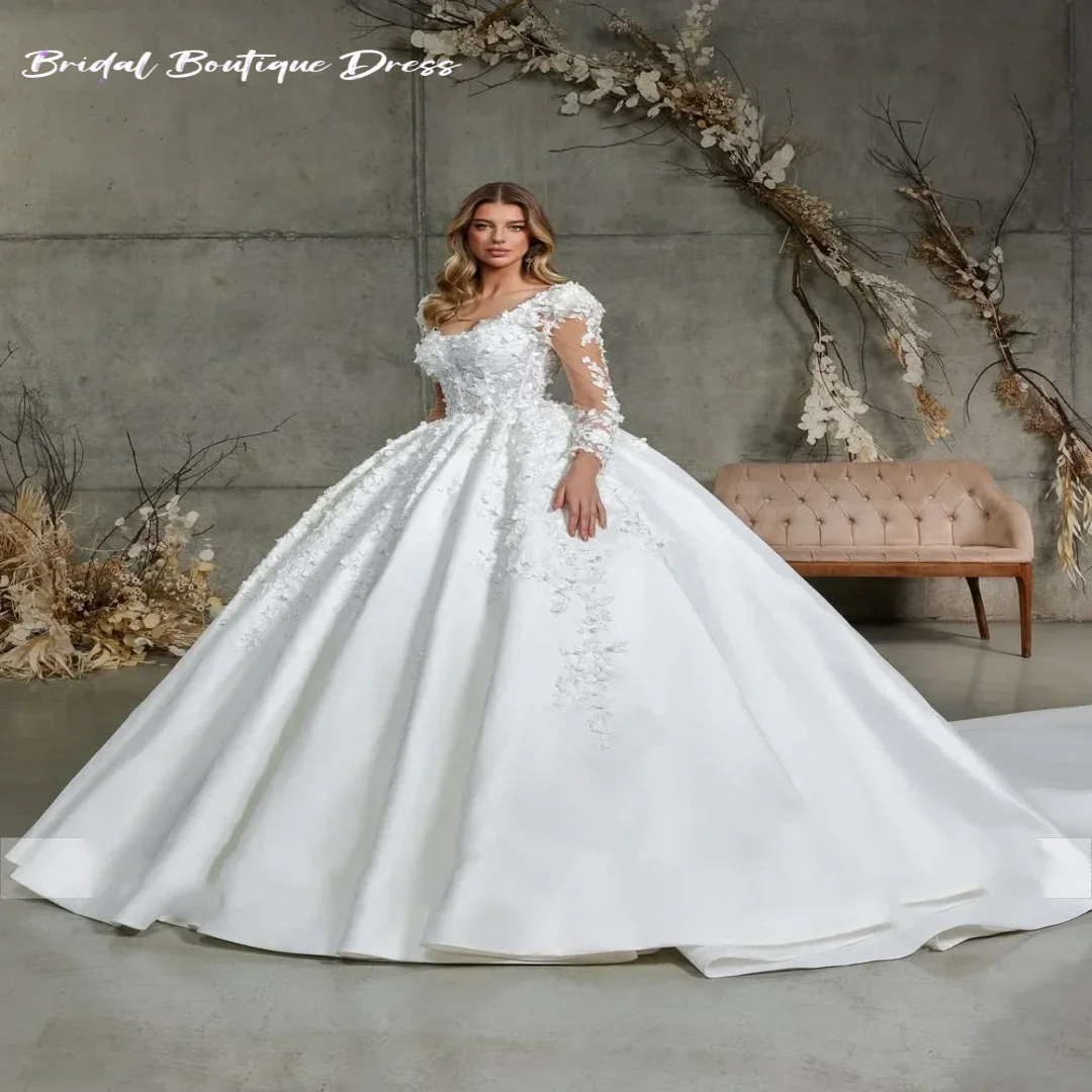 فساتين زفاف رائعة من الساتان الرومانسي مخصصة بأكمام طويلة مطرز باللؤلؤ مزينة بالدانتيل لحفلات الزفاف