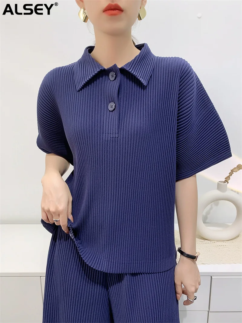 

ALSEY Miyake Pleated Comfortable Casual POLO Shirt Spring Summer New Tops Women Short Sleeve Loose Solid Color Fashion T-Shirt