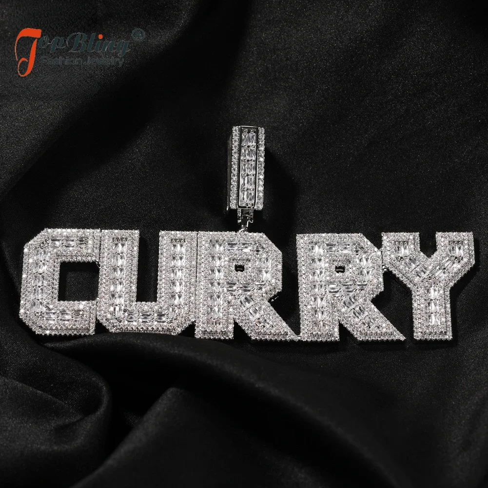 

TopBling Custom Bold Baguettecz Letters Pendant Iced Out Square Bling Cubic Zirconia Name Necklace Hiphop Rapper Jewelry