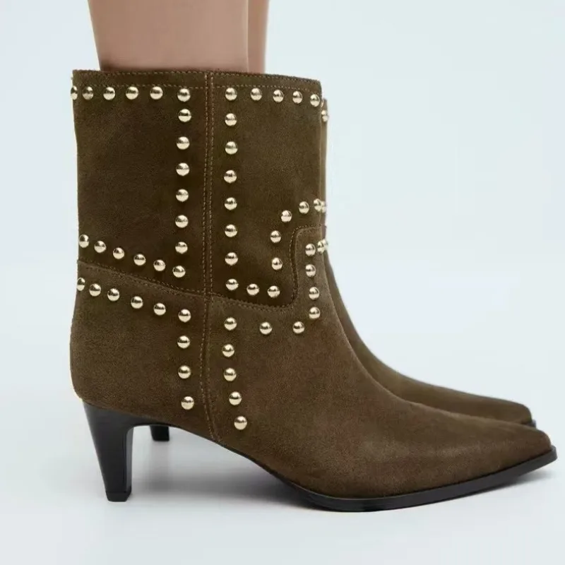 الاتجاه الجديد 2025 الخريف والشتاء برشام موضة عالية الكعب تشيلسي الأحذية وأشار حذاء من الجلد عالية الكعب خنجر الأحذية الغربية #3