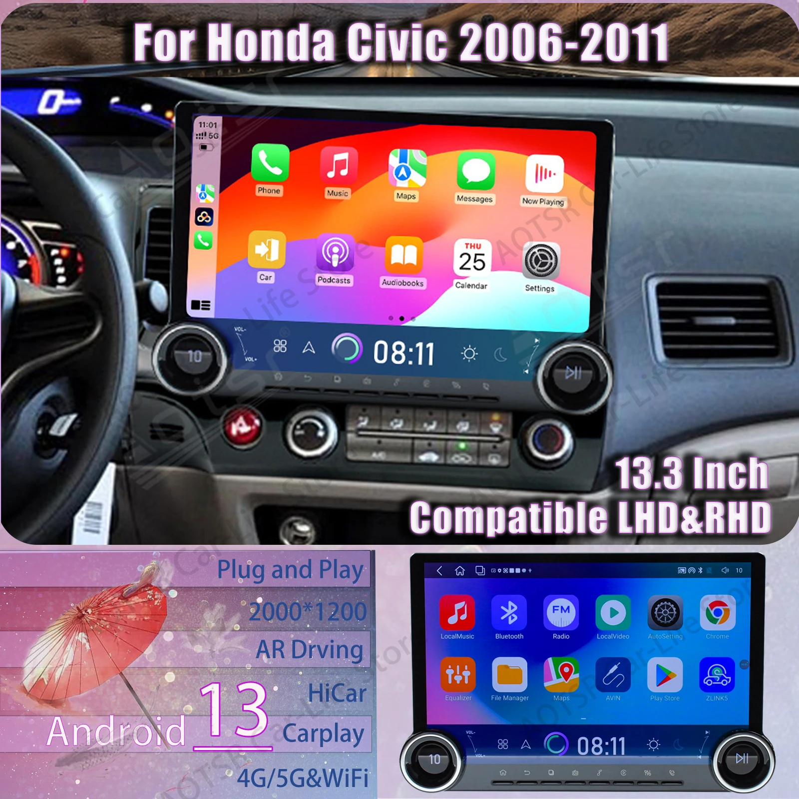 Car Accessories Android Double Knob Screen For Honda Civic 2006 2007 2008 2009~2011 Multimedia Player GPS Navigation Head Unit