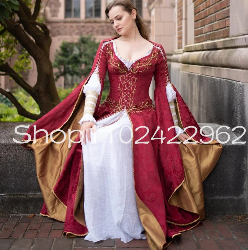 White Burgundy Medieval Prom Dresses Fairy Long Sleeve Lace Embroidery Bustle Corset Fantasy Costume Evening Gown