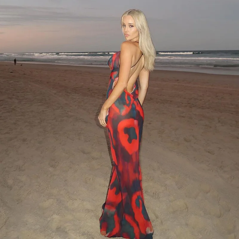 Red Printed Women's Prom Dress Summer Strap Sexy Beach Sleeveless Hot Girl Casual Daily Long Party Gown