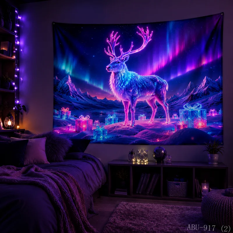 VIKAMA Neon Purple Blue Aurora Reindeer Standing Snowy Gift Mountain Starry Winter Glow Art Christmas Tapestry Wall Hanging Soft