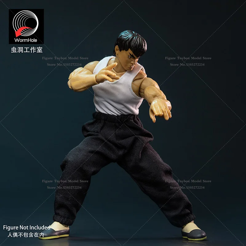 WormHole Studio 1/12 Strong Man Solider Kung Fu Clothes Set White T-shirt Black Tang Suit Pants Accessory For 6