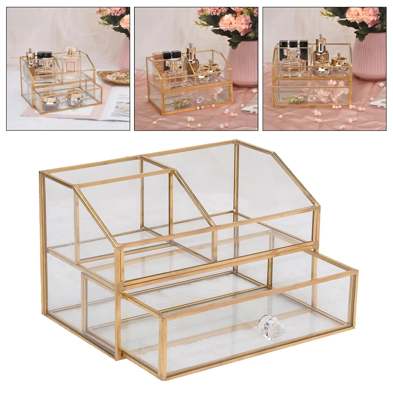 Luxury Glass Box Clear Glass Gold Tone Metal Jewelry Storage Case Cosmetic Makeup Lipstick Holder Organizer with Drawer