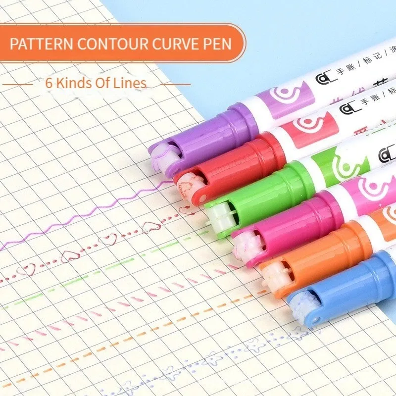 6Pcs Flower Curve Line Highlighter Pen Set, Roller Tip Pattern Markers, Decorative Curve Liner Pens for Writing DIY Stationery