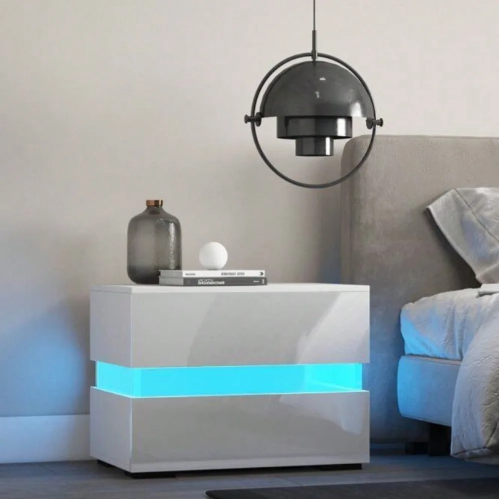 

Led Night Table Side Table Nighstand Storage 2 Drawer for Bedroom w/ Led Lighted