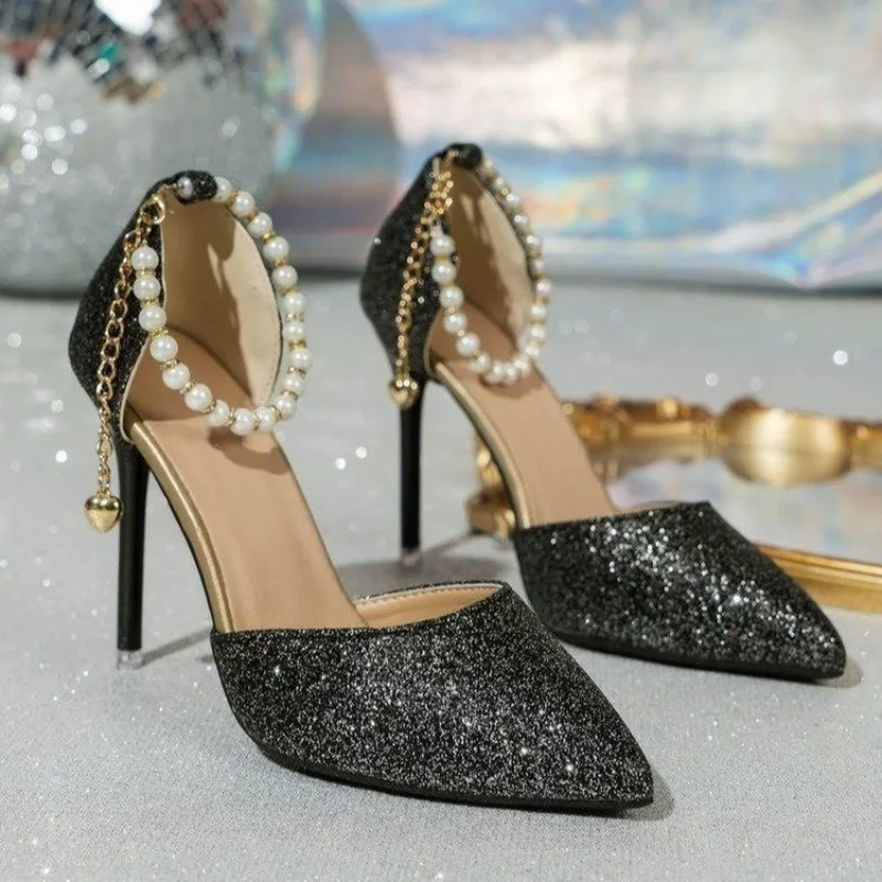 New Summer 2025 High Heels Pearl Straight Buckle Silver Sandals Women Fashion Shoes Black Heels Luxury Shoes Zapatos De Mujer