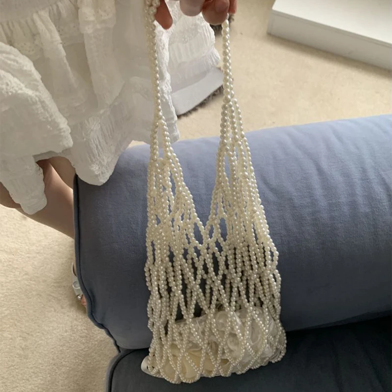 Handmade Beaded Shoulder Bag Hollow Out Design Large Capacity Cosmetic Lunch Bag for Women Versatile Casual Crossbody Purse
