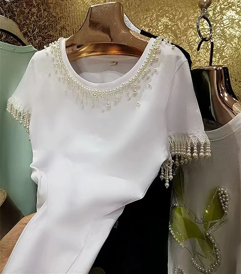 Pearls Beaded Embroidery Cotton T Shirt For Women 2024 Summer New In Short Sleeve Tops Tess White Tshirts Woman Clothing