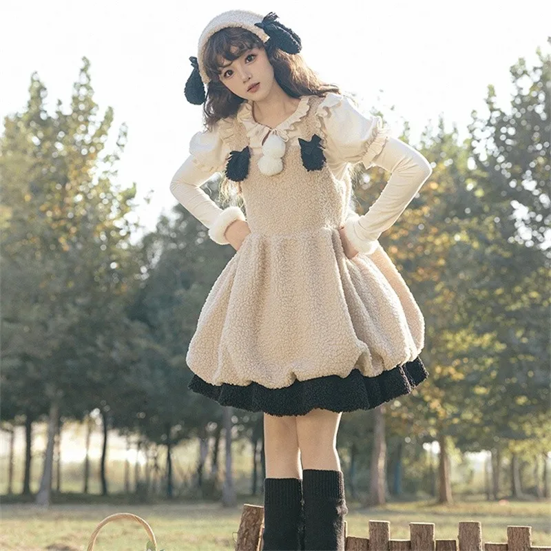 Little Lamb Lolita JSK Dress Sleeveless Lamb Hair Flower Bud Skirt Beige Ruffle Edge Top Autumn Winter Warm Plush Dress