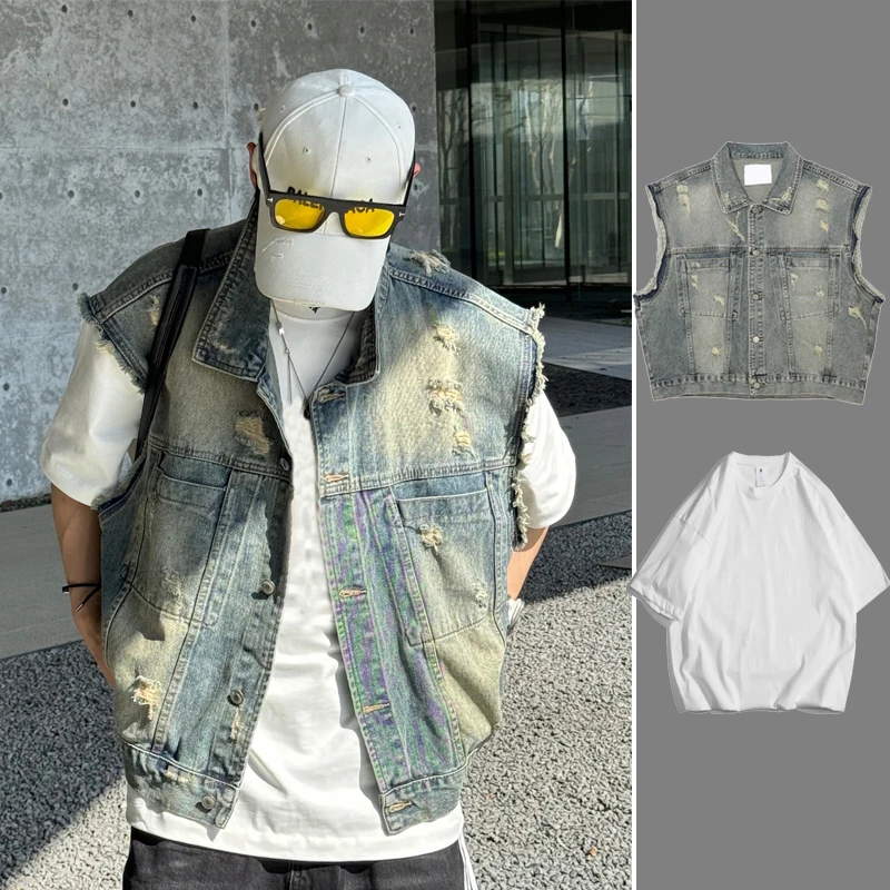 

Ретро-жилет из денима в американском уличном стиле для мужчин: модный летний тренд, свободный крой, молодежный повседневный стиль