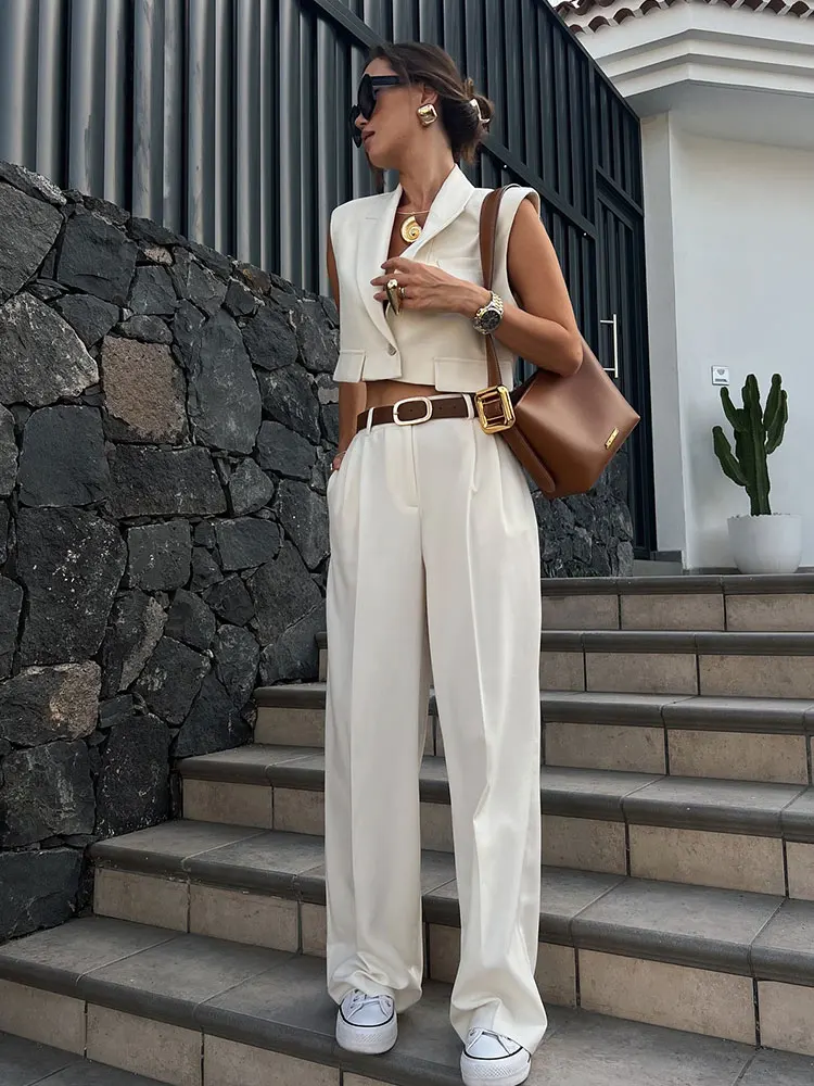 

TRAFZA 2024 Summer Trousers Set For Women Lapel Sleeveless Short Vest Top + Commute Formal Style Women's Wide Leg Long Pant