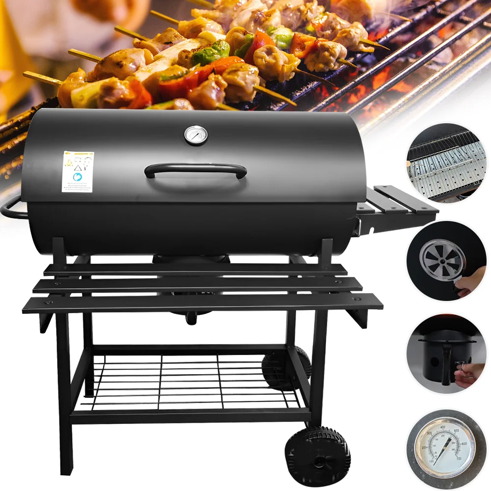 BBQ-Grill für Draußen, Holzkohlegrill mit Thermometer, Barbecue-Ofen mit Rädern, Camping-Picknick-Grillwerkzeug