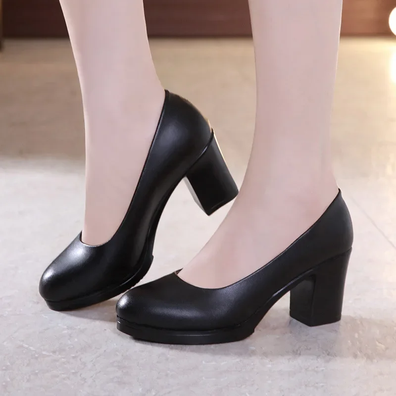 

Plus Size 32-43 Round Block Heels Pumps Women Shoes 2021 Spring Shallow Med Heel Black Formal Dress Shoes Elegant Office Shoe