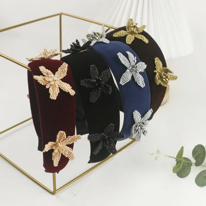 

Ретро-вельветовая повязка для волос с бусинами и цветами, ободок для волос, заколки для волос, женские аксессуары для волос, заколки для девочек