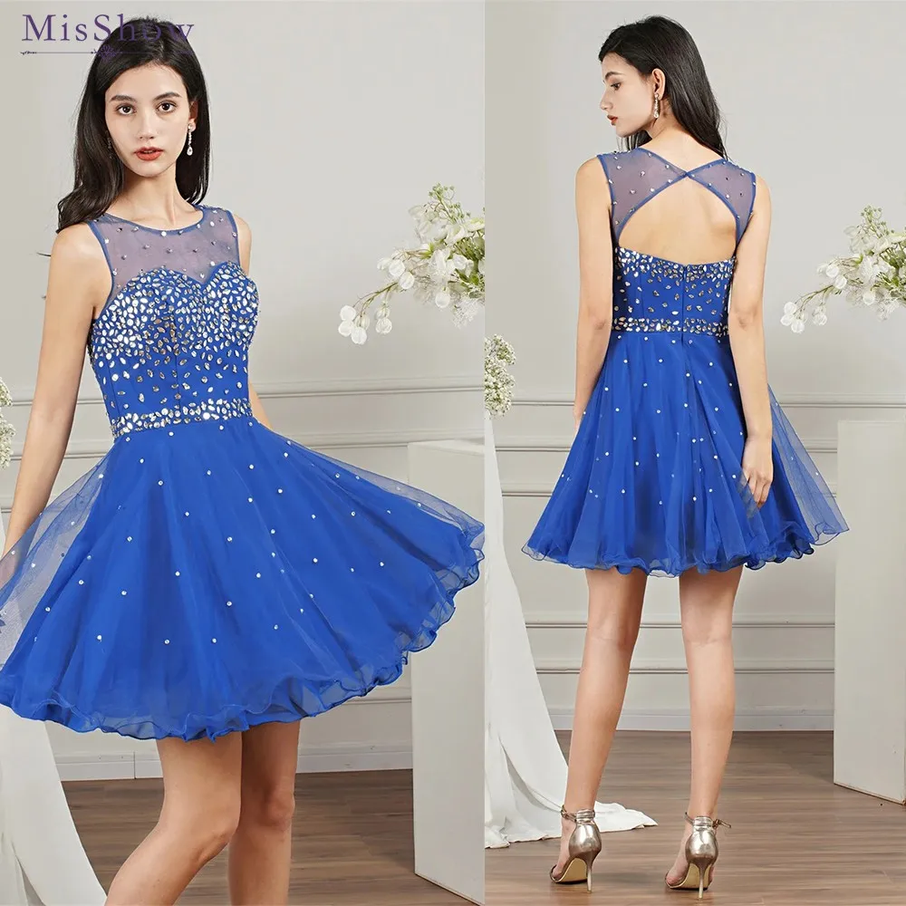 MisShow Royal Blue Short Tulle Homecoming Dress For Juniors Cocktail Party Sleeveless Open Back Beaded A Line Mini Prom Dresses