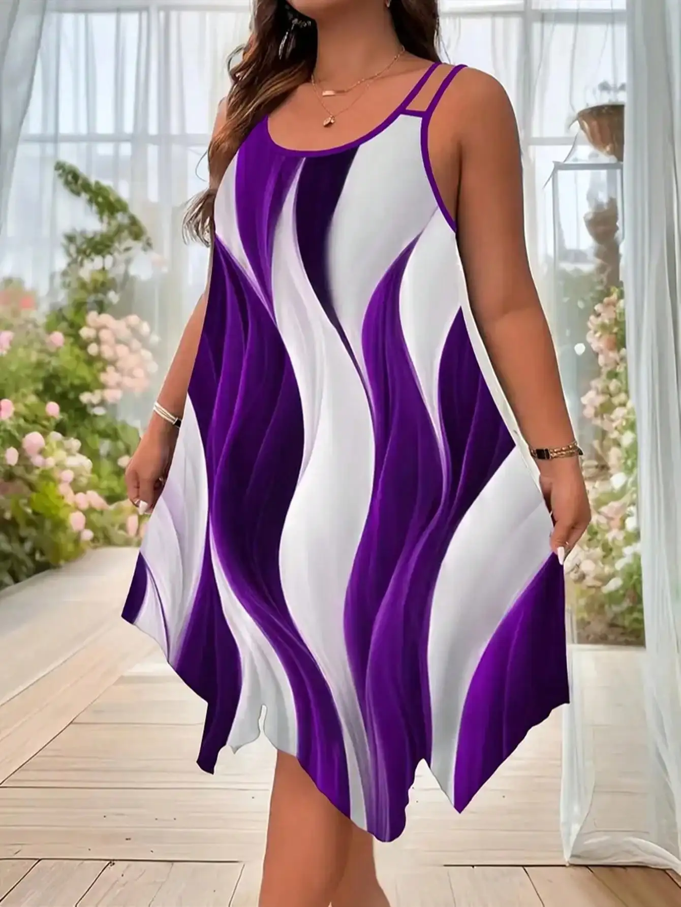 Plus-size women's fashion asymmetrical geometric stripes printed double strap dress - Image 2