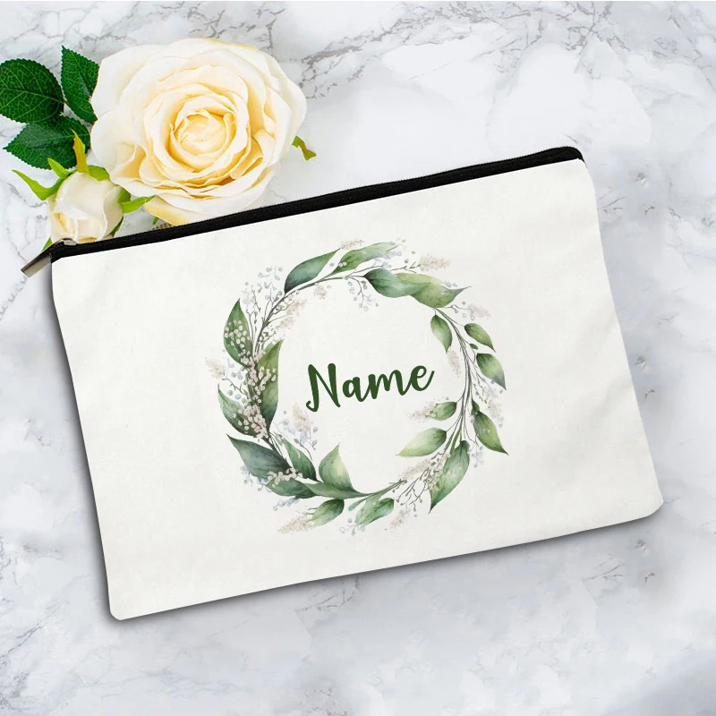 Lady Floral Wreath Zipper Pouch BagTravel Essentials Canvas Organizer Pouch,Cosmetic Bag for Teacher Gift with Personalized Name