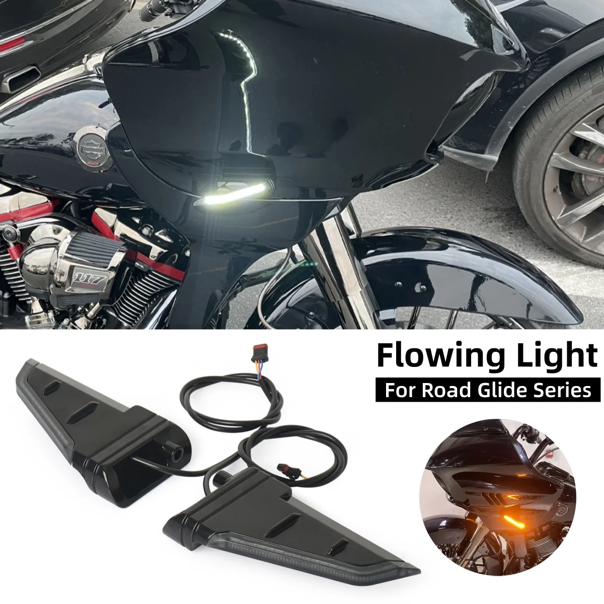 

New For Harley Road Glide FLTRX FLTRK FLTRU 2015-2023 Moto LED Turn Signal Lights Side Fairing Accent Light Daytime Running Lamp