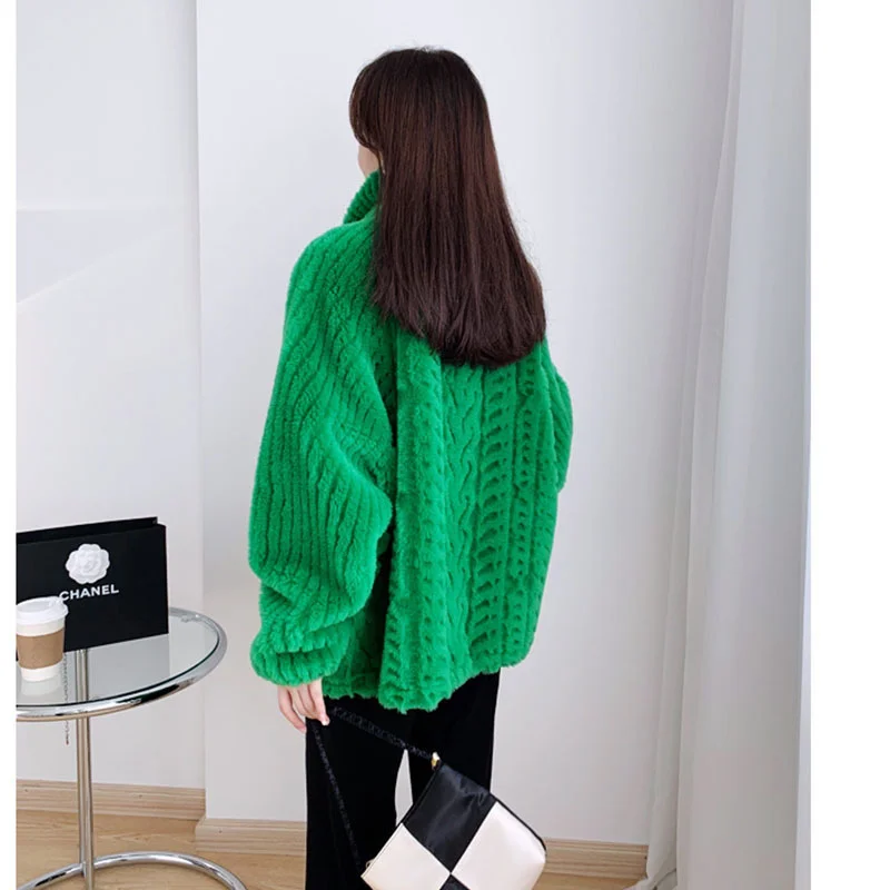 Cappotto di pelliccia verde donna sciolto Casual 2022 inverno nuova tendenza moda risvolto manica lunga giacca di colore solido femminile