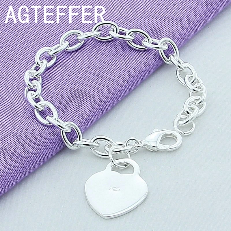 

925 Sterling Silver 8 Inches Bracelet Beautiful Glossy Heart Pendant Bracelet For Women Fashion Charm Party Jewelry Accessories