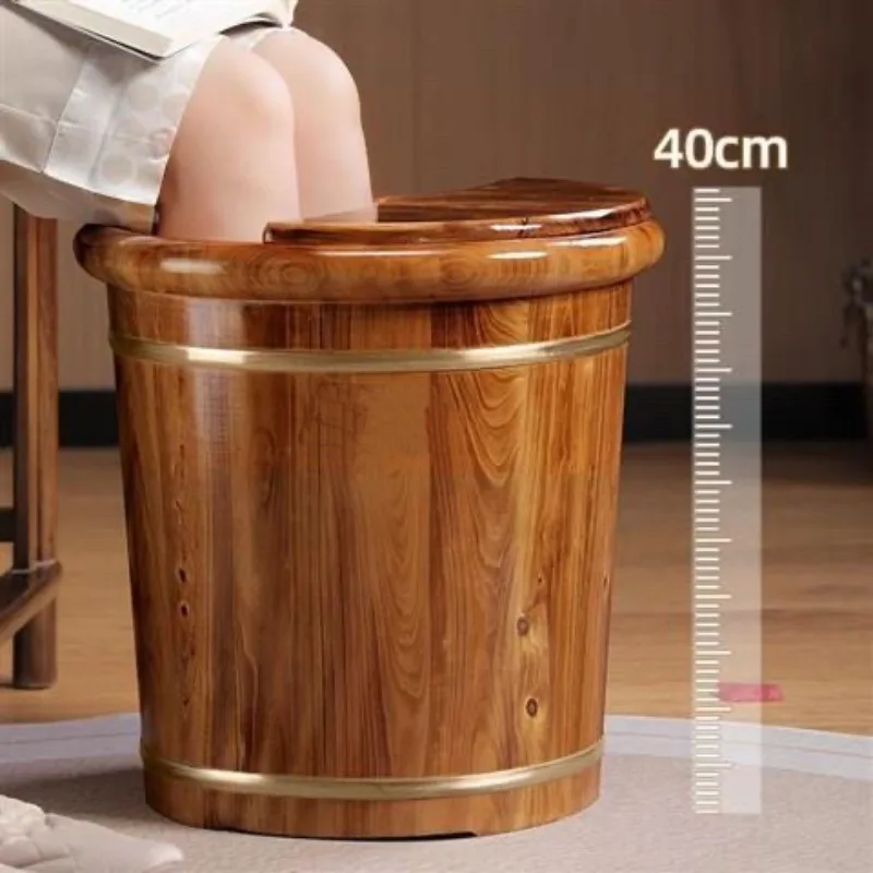 Wooden Foot Soaking Bucket, Solid Wood Calf-Deep Foot Bath Basin, Insulated Massage Foot Spa Tub With Lid For Home