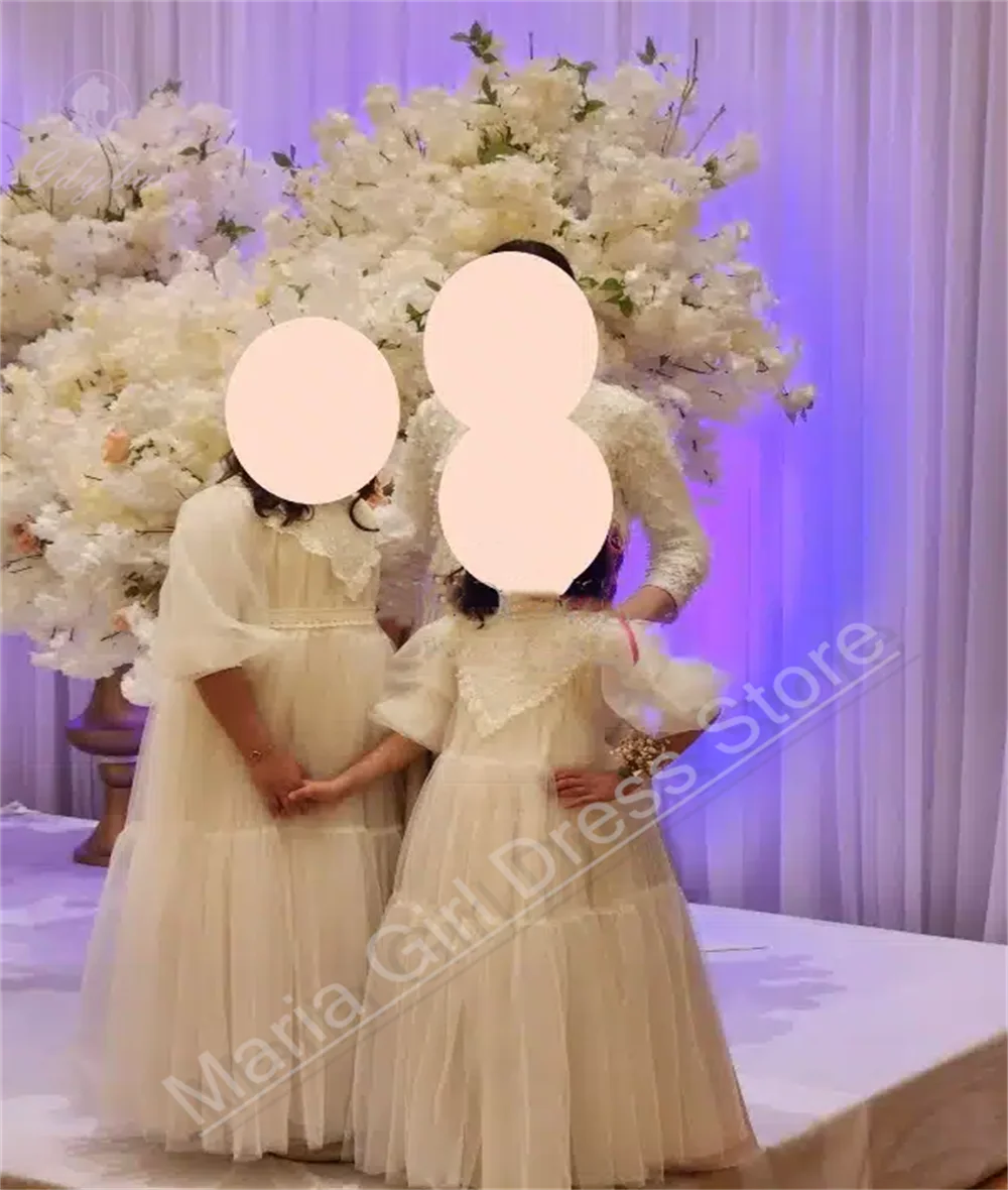 

Puffy Sleeve Bridesmaid Customize Flower Girl Dress Mesh Princess Dress For Wedding Child First Communion Gown