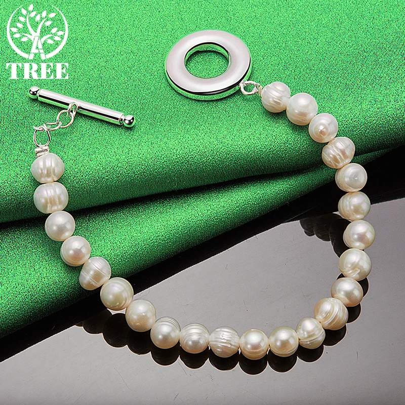 ALITREE 925 Sterling Silver Natural White Pearl Bracelet For Women Party Engagement Wedding Fashion Charm Jewelry Christmas Gift