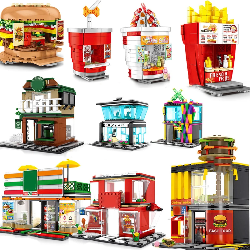 Mini tienda, mercado, vista a la calle, modelo de bloques de construcción, hamburguesa, restaurante, tienda minorista, arquitectura creativa, amigo, chica, ciudad