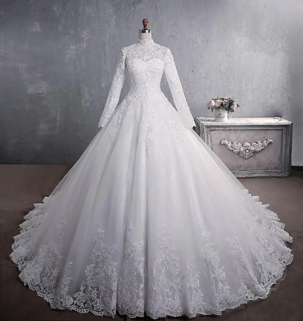 Lange Mouwen Trouwjurken Luxe High-Hals Klassieke Rits Terug Baljurk Plus Size Vestido De Noiva Plus Size