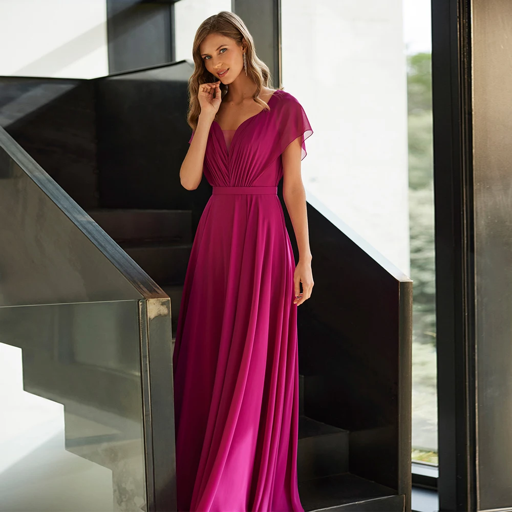 

Rose Red Chiffon Evening Dress V Neck A Line Cap Sleeves Beach Women's Formal Gown Long Belt Pleats Bridesmaid Dress for Wedding