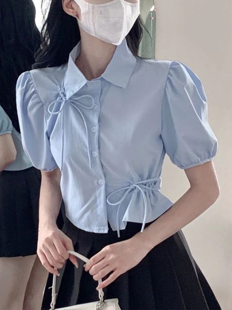 Blue Blouse Women Summer Puff Sleeve Shirts Female Vintage Sweet Preppy Style Crop Top Ladies Korean Fashion Drawstring Blouse