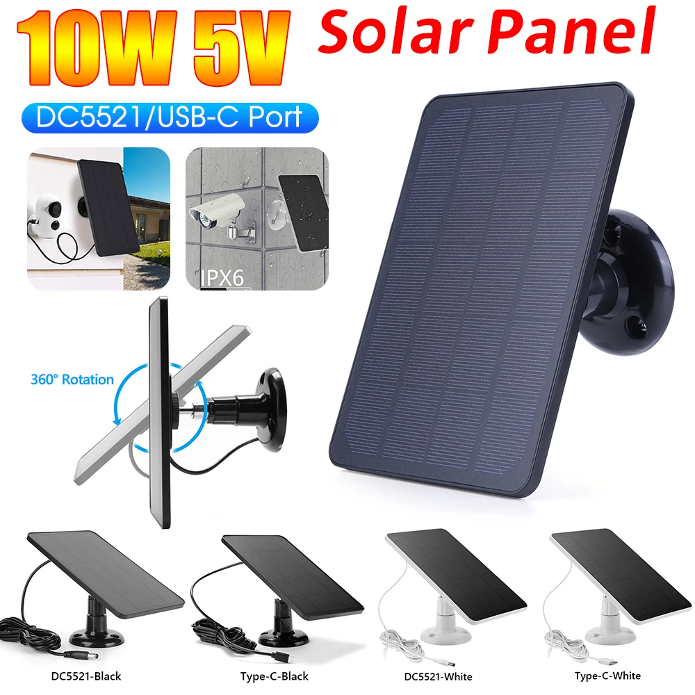 10W 5V Solar Panel 360 Adjustable Bracket Monocrystalline IP Security Camera Charger for Doorbell Camera Type-C/DC5521 Port