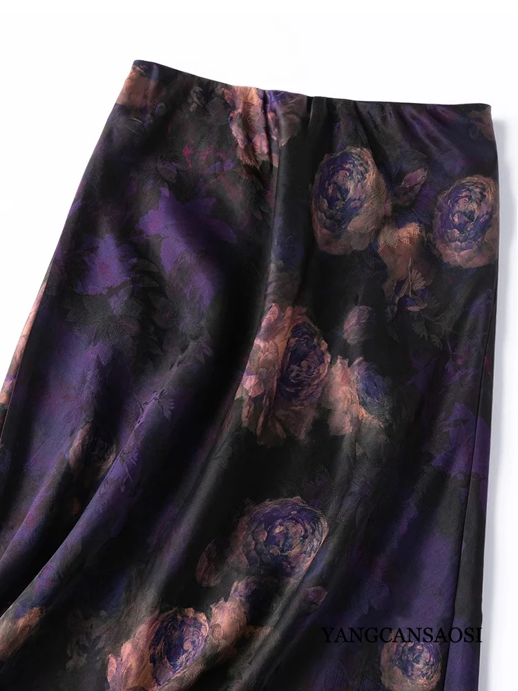 2025 Women's Spring New Large Swing 100% Natural Mulberry Silk Gambiered Guangdong Gauze Slant Cut Slim Black Printed Skirt