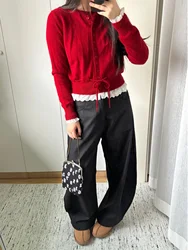 Red Lace Splice Knitted Sweater Coat round Neck Winter Lazy Style Women's Fashion Commute Thickened Long Sleeve Warm Coat