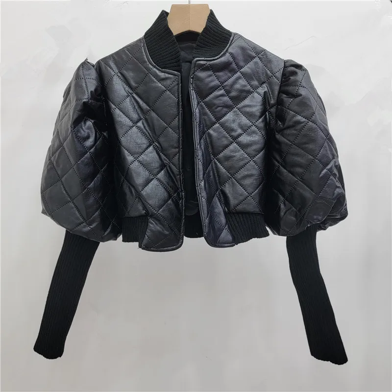 Chaqueta elegante de piel sintética empalmada con manga tejida para mujer, abrigo acolchado de PU con diamantes para primavera y otoño, cárdigan, Tops cortos de cintura alta 2024