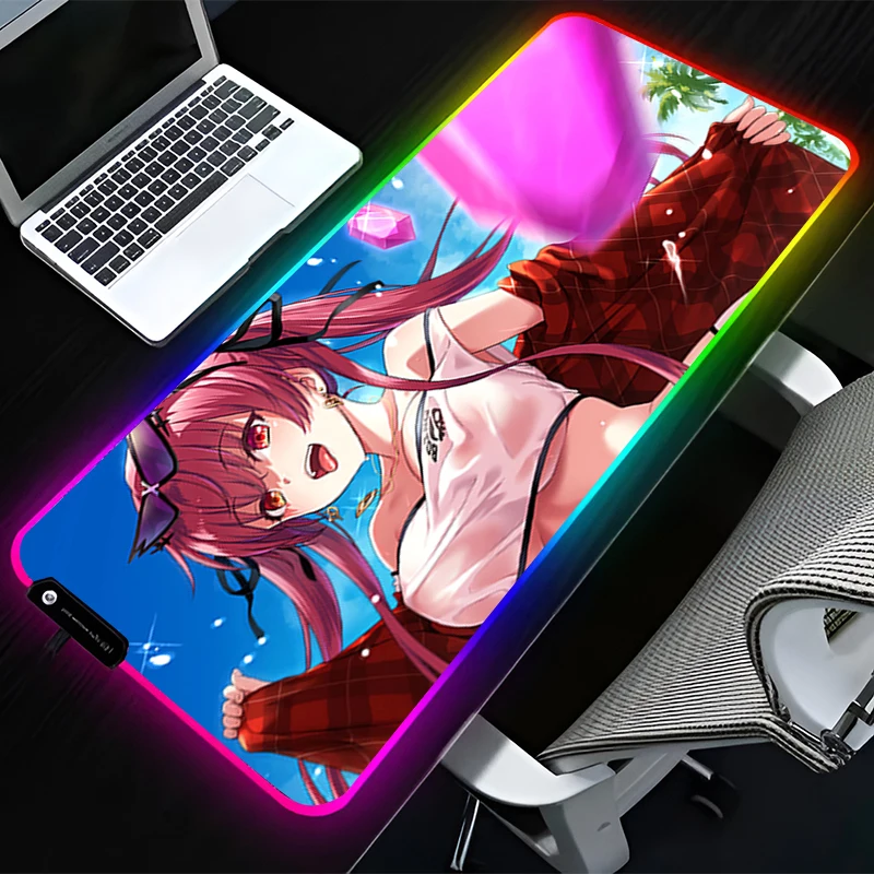 

RGB LED Mouse Pad Computer Desk Accessories Mouse Mat Rubber Keyboard Pad H-hololive Houshou Marine Non Slip Mousepad Desk Mat