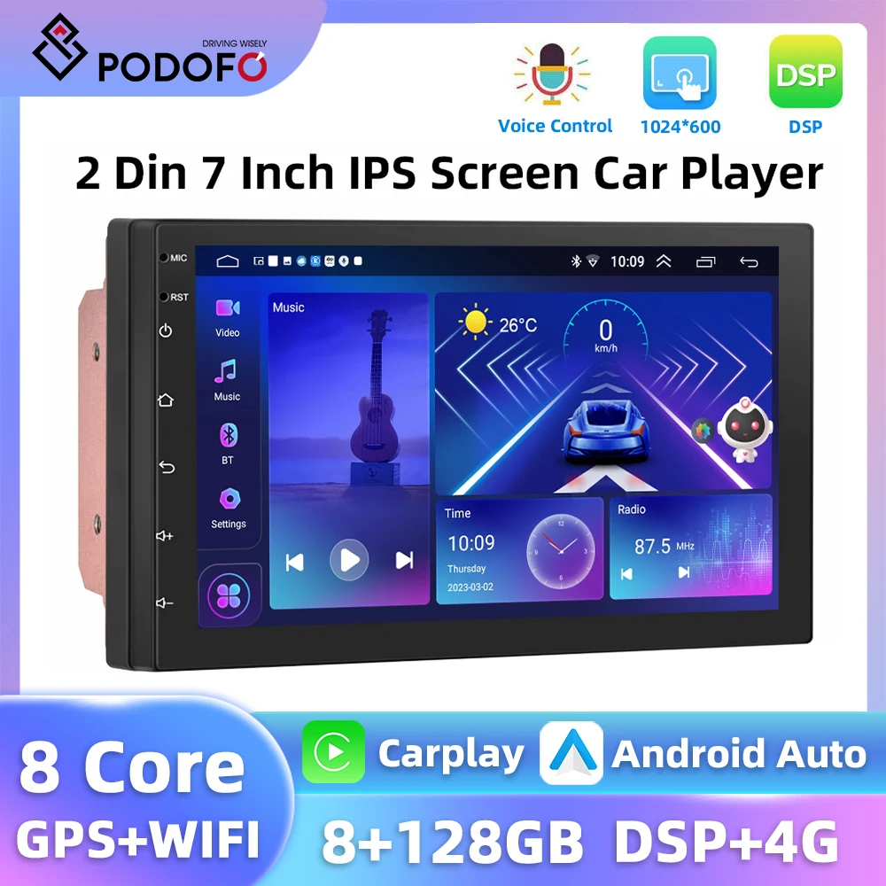 Podofo 8Core 8+128G Car Stereo Radio Android 7'' 2Din GPS Navigation DSP WIFI 4G Carplay Android Auto Multimedia Video Player