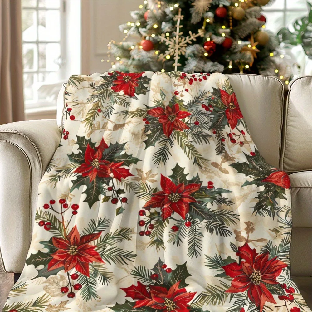 1pc Christmas Poinsettia Patterned Blanket ,Sofa, bed, travel, lunch break, flannel blanket.