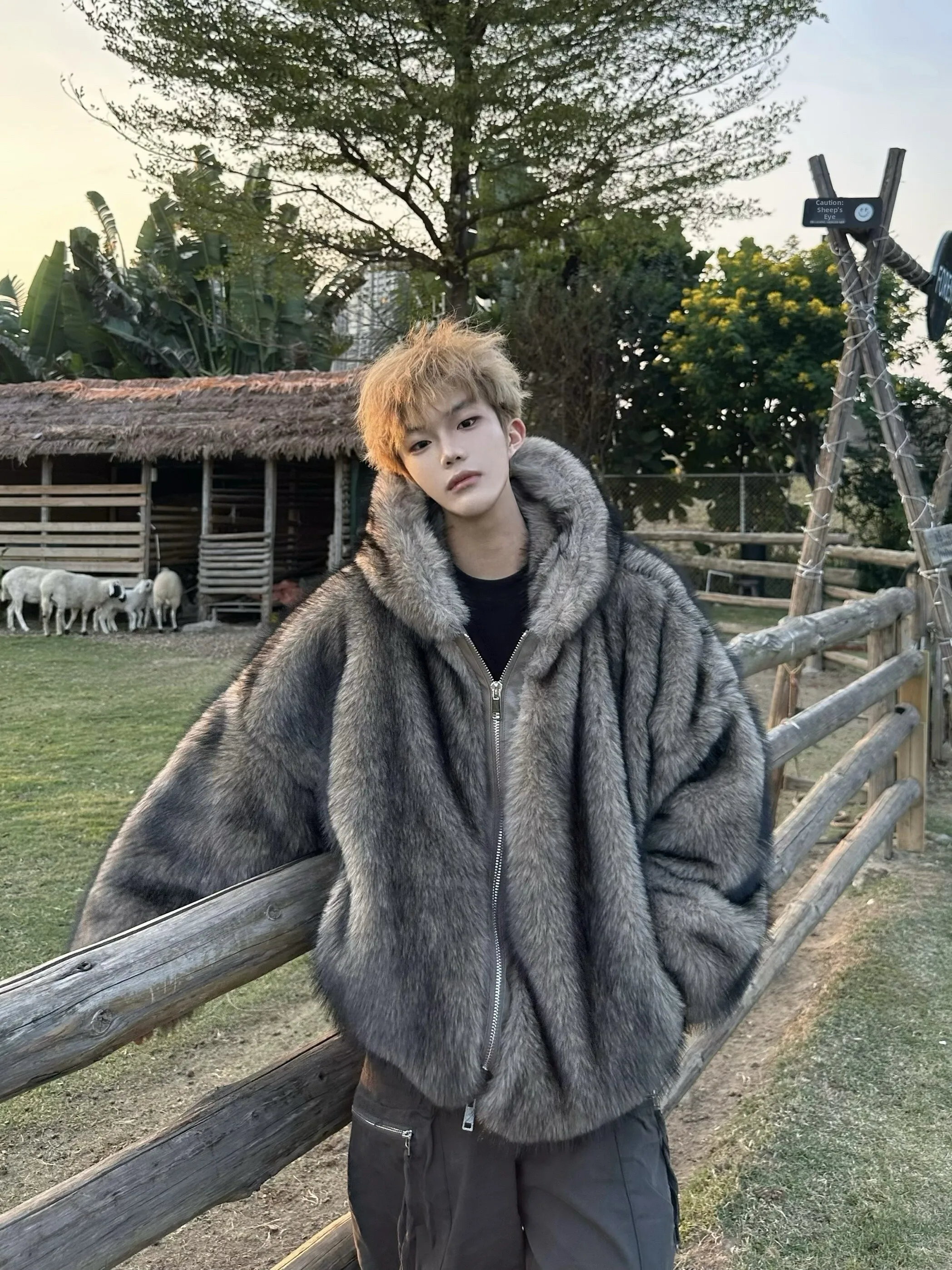 

American Sle Thiened Fluffy Fur Jaet Men's Cotton Coat Winter High Sensation Warmth Hooded Cotton Clothes