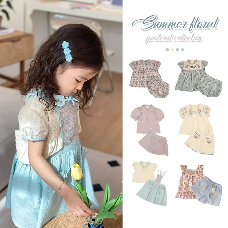 

In stock! Children's Set 2024 Summer Apolina Girls' Countryside Style Embroidered Top and Shorts
