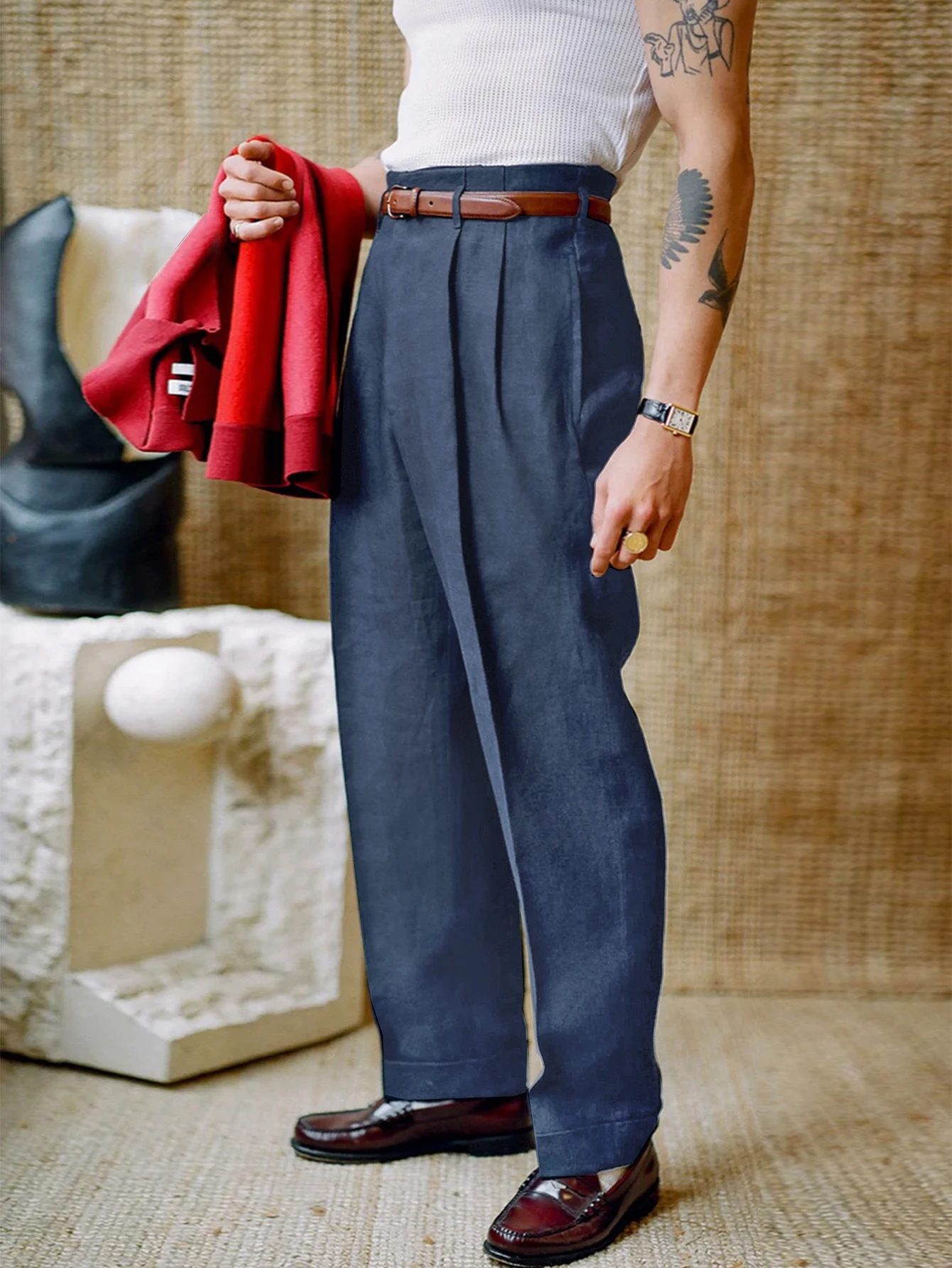 

2026 Spring/Summer Men Elegant Commute Pants, Solid Color, Button & Pleated,Straight , Slightly Stretchy Suit Trousers (No Belt)